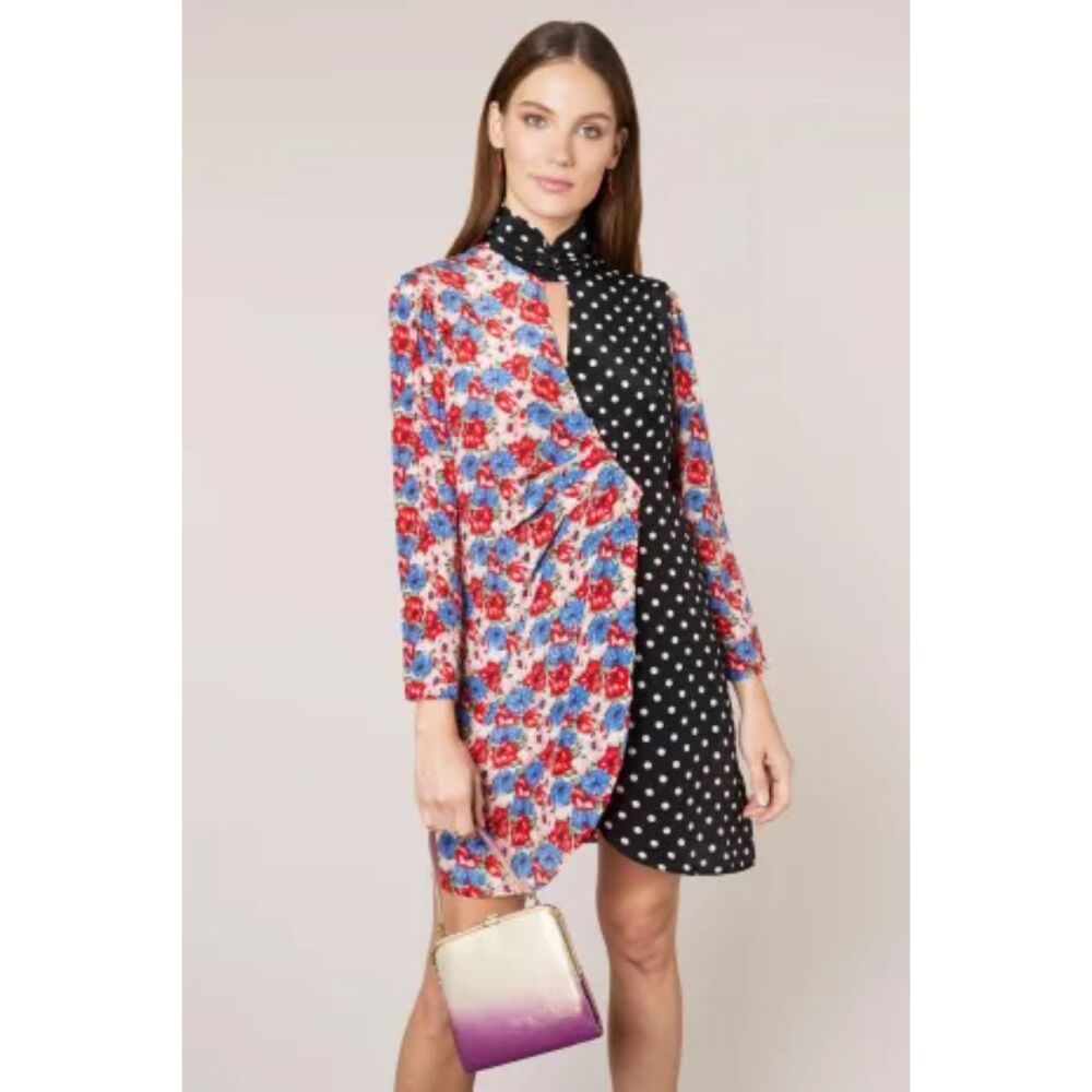 RIXO Womens Wrap Dress XS Black Floral Polka Dot Mixed Print Mini Silk CHERIE